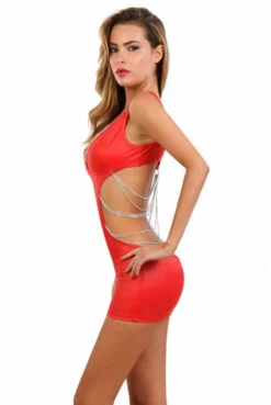 Robe Fetish Rouge Wetlook Chainettes Argentées -Tenue Femme Sexy robe fetish rouge wetlook chainettes argentees 2