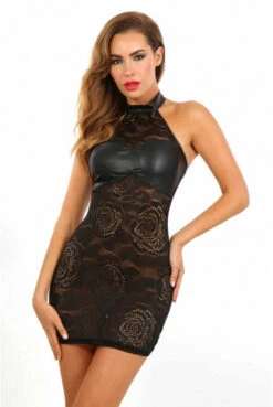 Robe Sexy Chic Dentelle Noir Wetlook Dos Nu