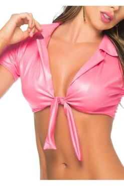 Top Sexy Rose WetLook Effet Mouillé à Nouer -Tenue Femme Sexy top sexy rose wetlook effet mouille a nouer 4